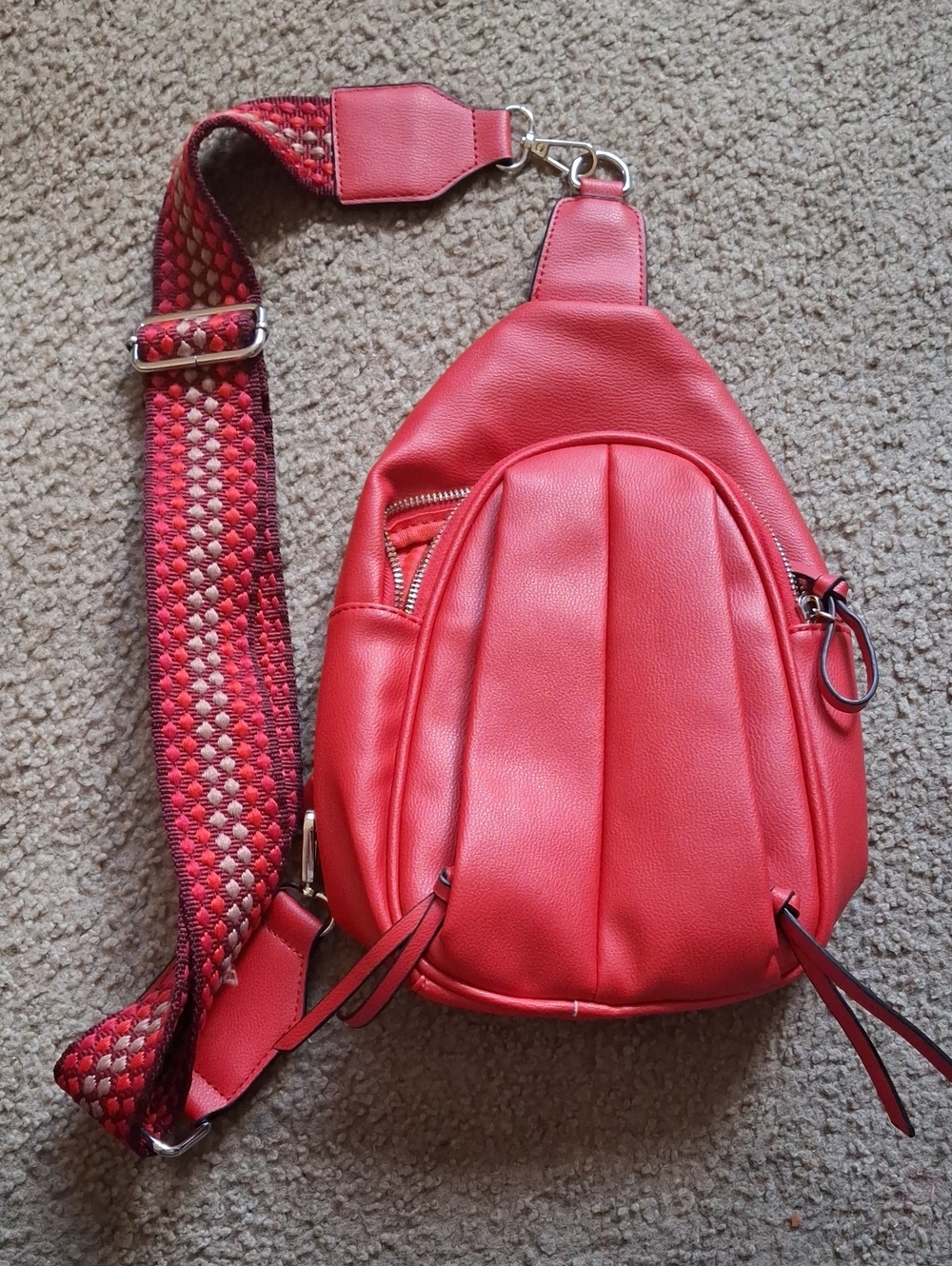 Red Faux Leather Crossbody Sling Bag with Woven Strap